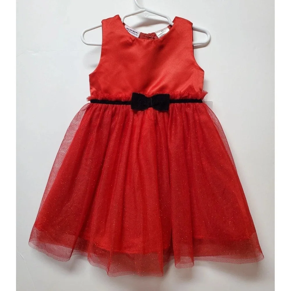 Blueberi Boulevard Girls 4T Red Dress Satin, Sheer & Glittery w/Plaid Pony‎ Tote